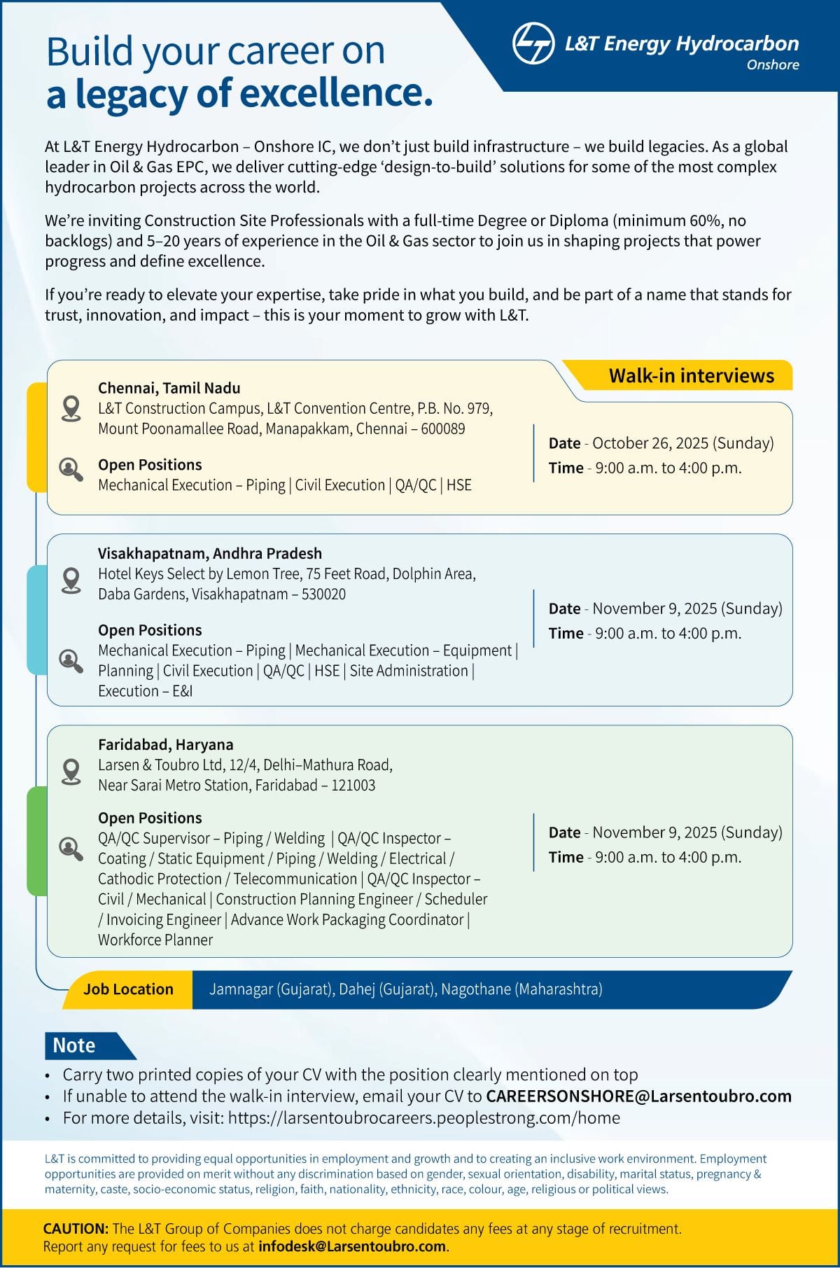 L& T Walk in interview