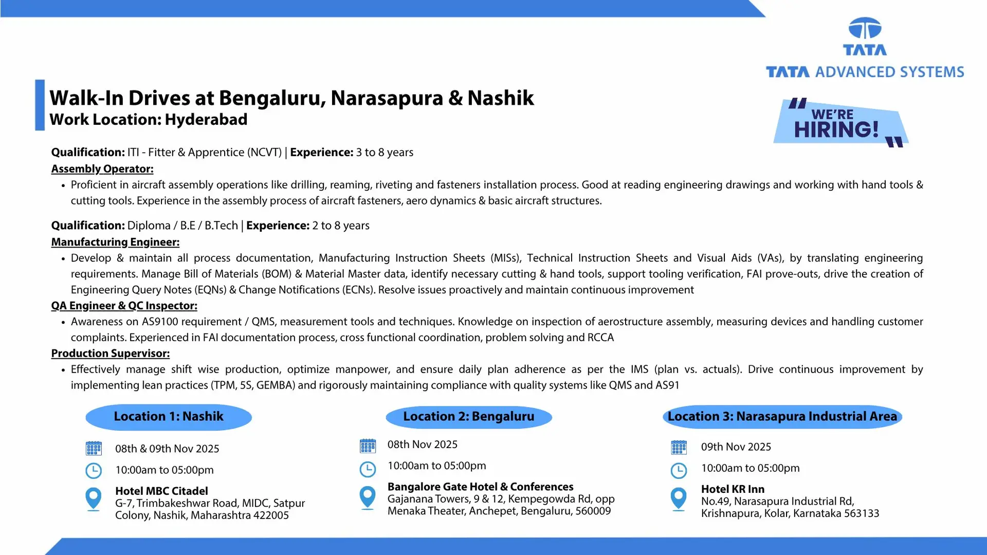 Tata Advanced Systems Walk-In Drive 2025: Hiring in Bengaluru, Narasapura & Nashik
