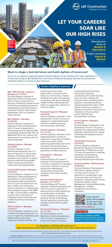 L&T Construction Recruitment Drive 2025: Engineers & Managers Vacancies in Mumbai & Ahmedabad image