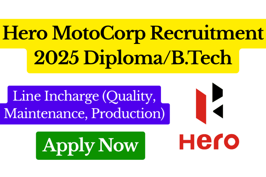 Hero MotoCorp Recruitment 2025 Line Incharge & TMLine Incharge (Quality, Maintenance, Production Engineering) Apply Online Diploma B.Tech Featured Image