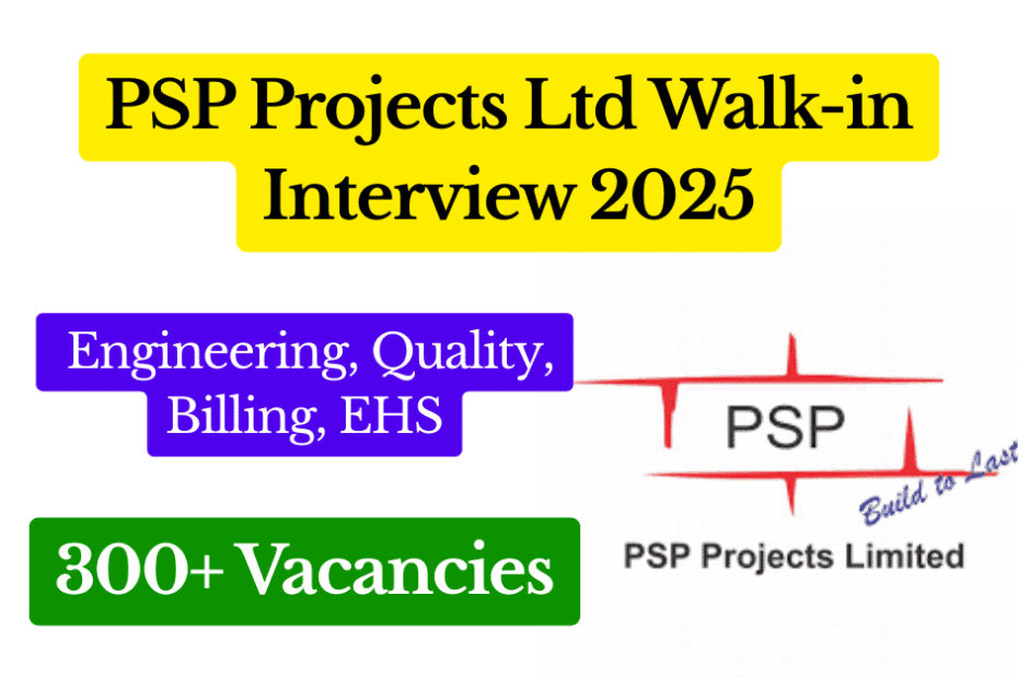 PSP Projects Ltd Walk-in Interview 2025 300+ Vacancies Engineering, Quality, Billing, EHS Featured image