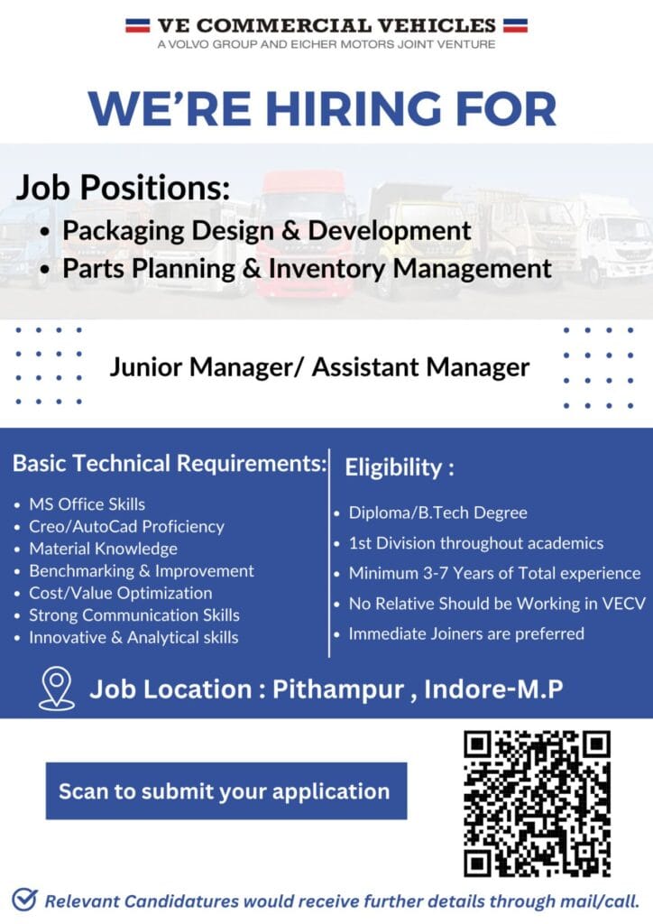 VECV Hiring Junior Manager Assistant Manager – Packaging Design & Parts Planning (Pithampur) image 